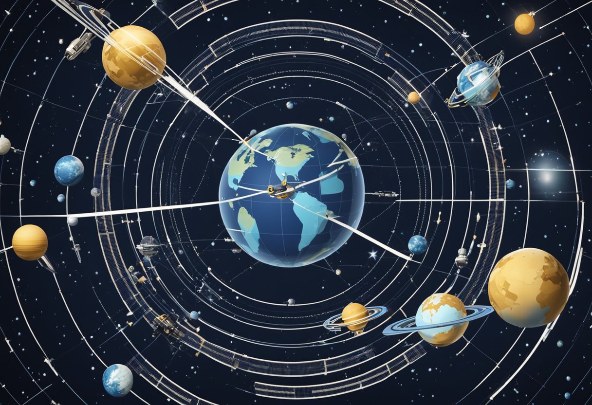 Multiple satellites orbiting Earth in various trajectories. Some follow geostationary paths, while others move in polar or elliptical orbits. Communication and observation satellites are visible in the scene