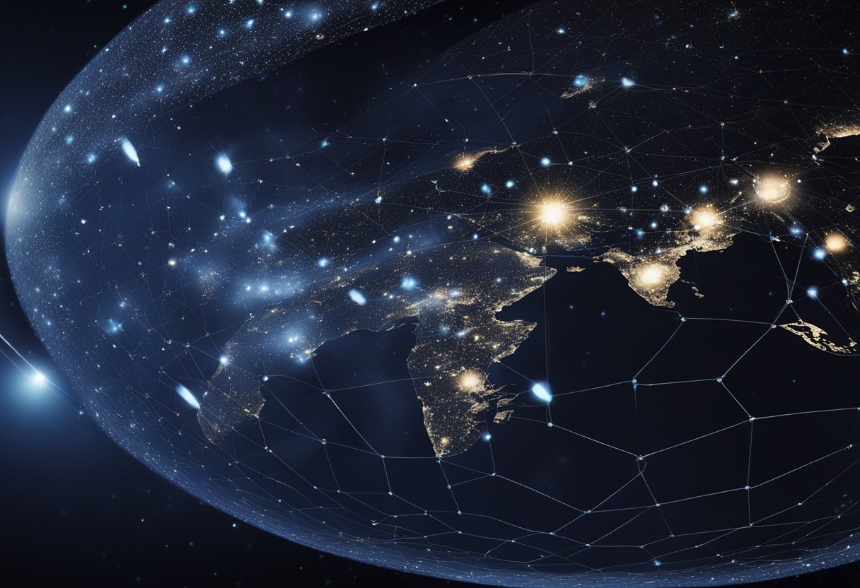 A network of satellites orbiting Earth under the management of legal and policy frameworks. Various orbits and trajectories are carefully coordinated to avoid collisions