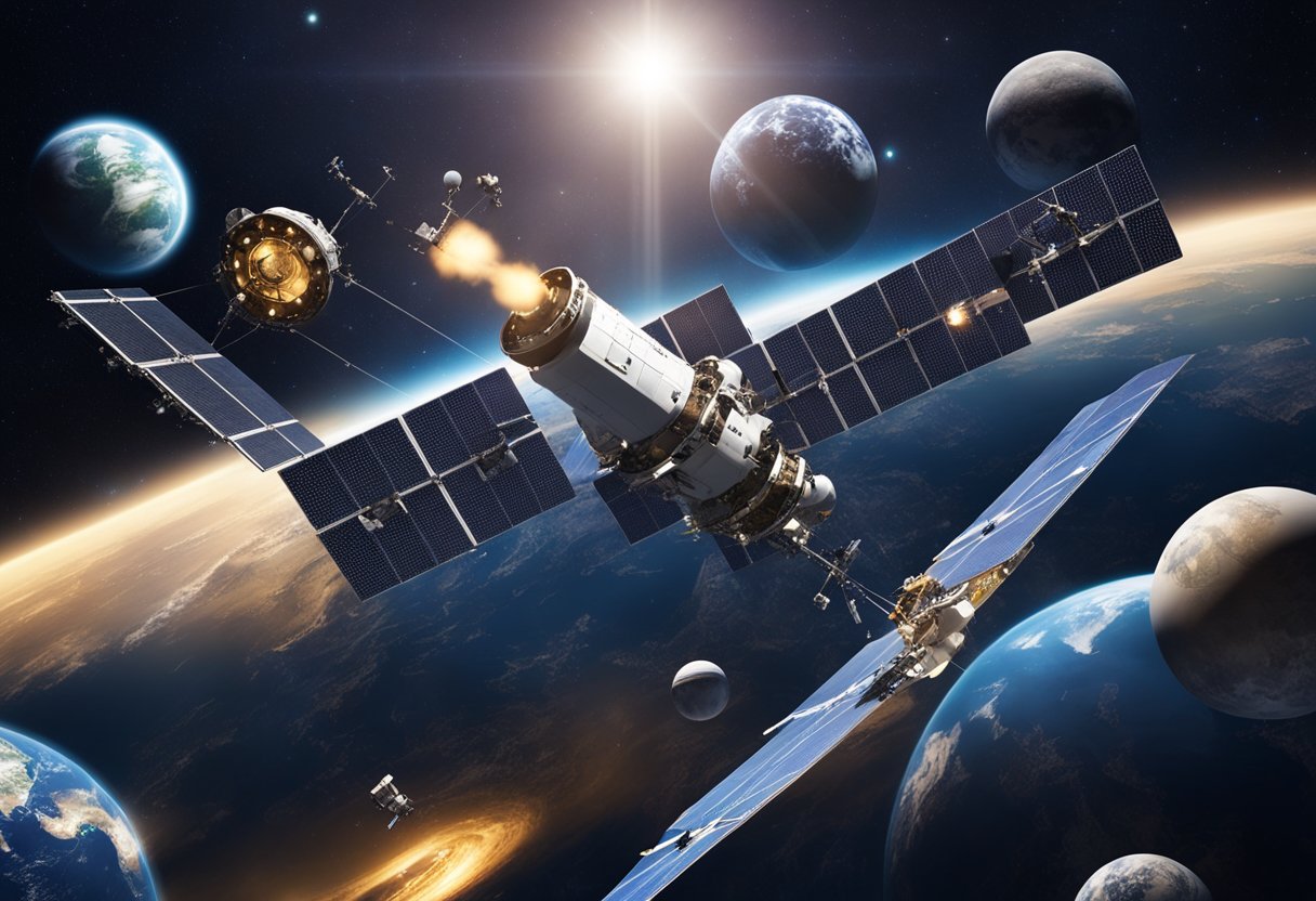 Various satellites and spacecraft orbiting Earth, coordinated by international teams to manage space traffic