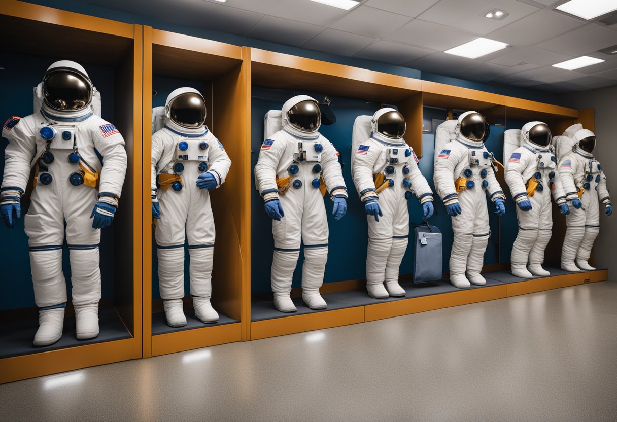 Space Suits for Tourists - Tourists' space suits hang in a row, ready for fitting. Essential gear and astronaut equipment are neatly organized nearby. Customized space travel gear awaits its future wearers