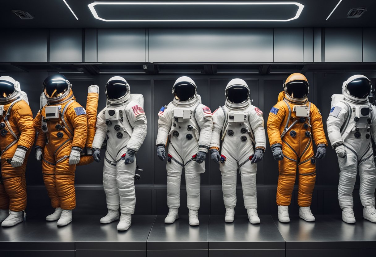 Tourist space suits hang in a row, ready for fitting. Astronaut gear and equipment fill the room, emphasizing the importance of custom fitting for essential space travel