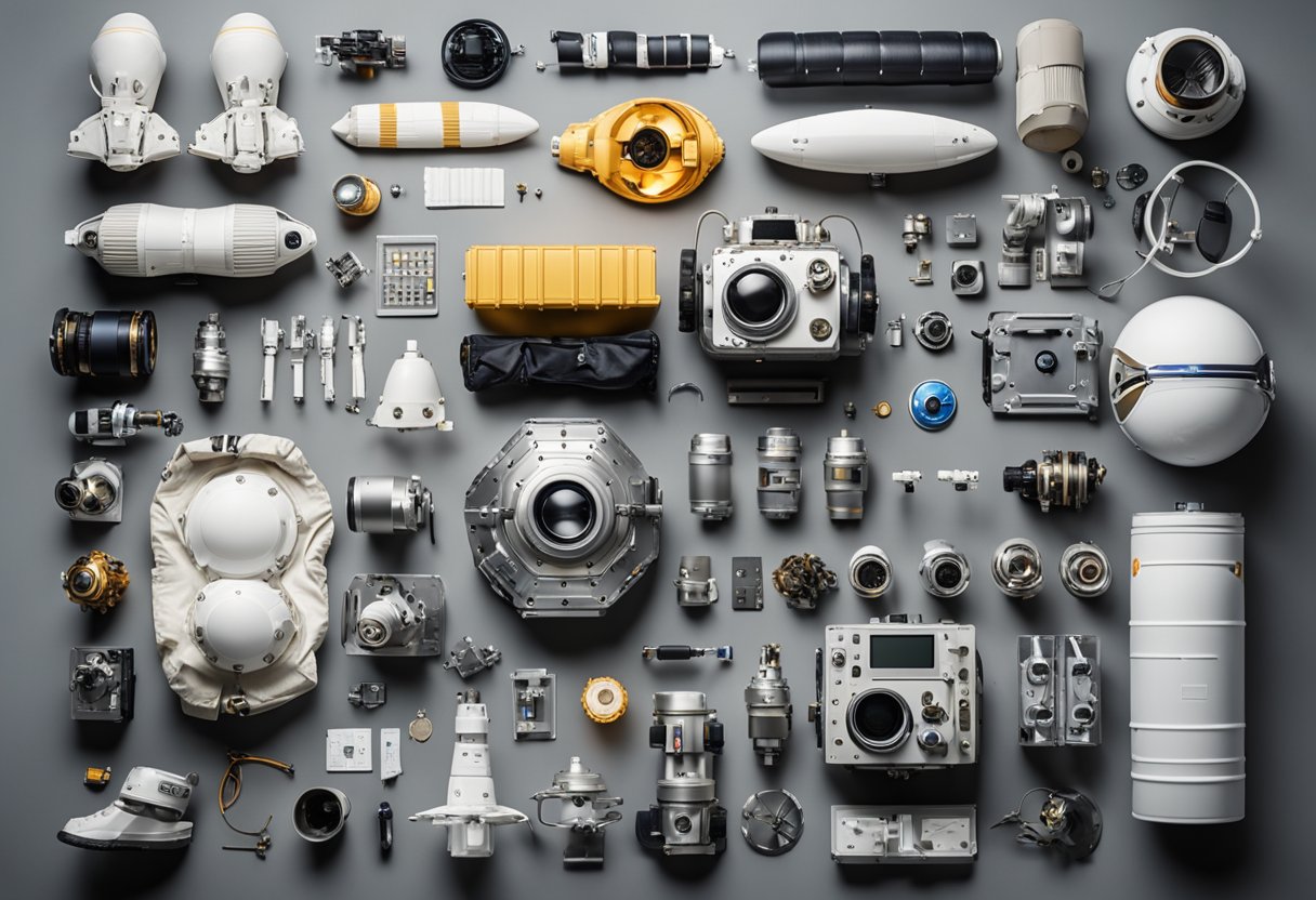 Space gear laid out for specific missions: space suits, travel gear, astronaut equipment, custom fitting, and essential tools