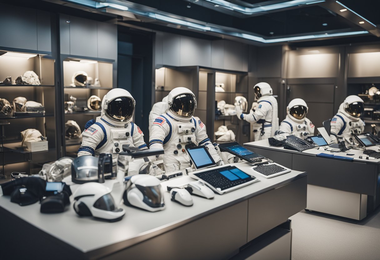 Tourists' space suits, gear, and astronaut equipment laid out for custom fitting in a communication and health monitoring space