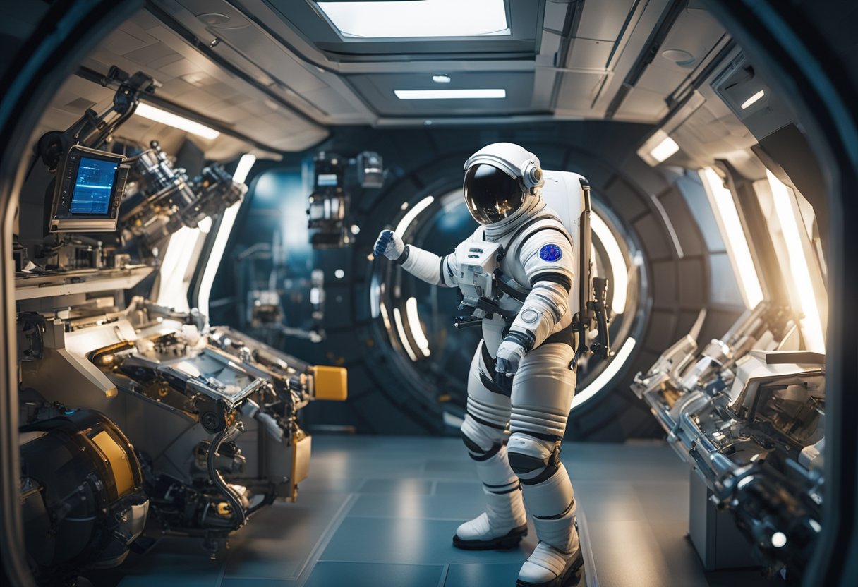 Space suits and travel gear arranged neatly in a futuristic space station, with a custom space suit being fitted by a robotic arm