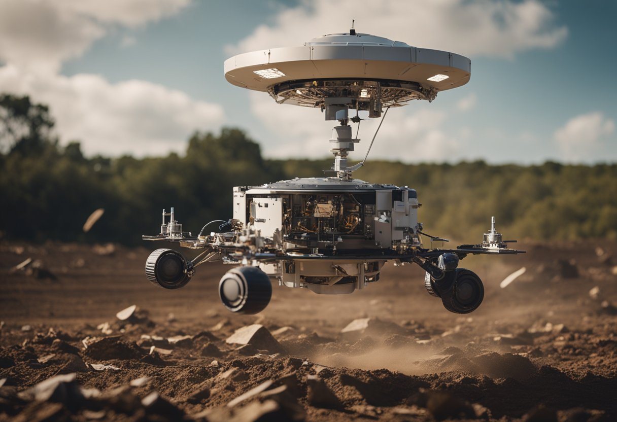 An autonomous space probe navigates through a field of debris, avoiding obstacles and adjusting its trajectory
