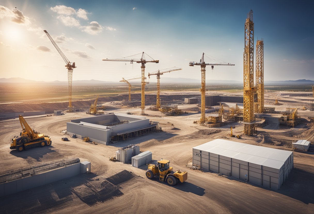Spaceport construction with cranes, workers, and heavy machinery. Surrounding infrastructure development includes roads, power lines, and support facilities