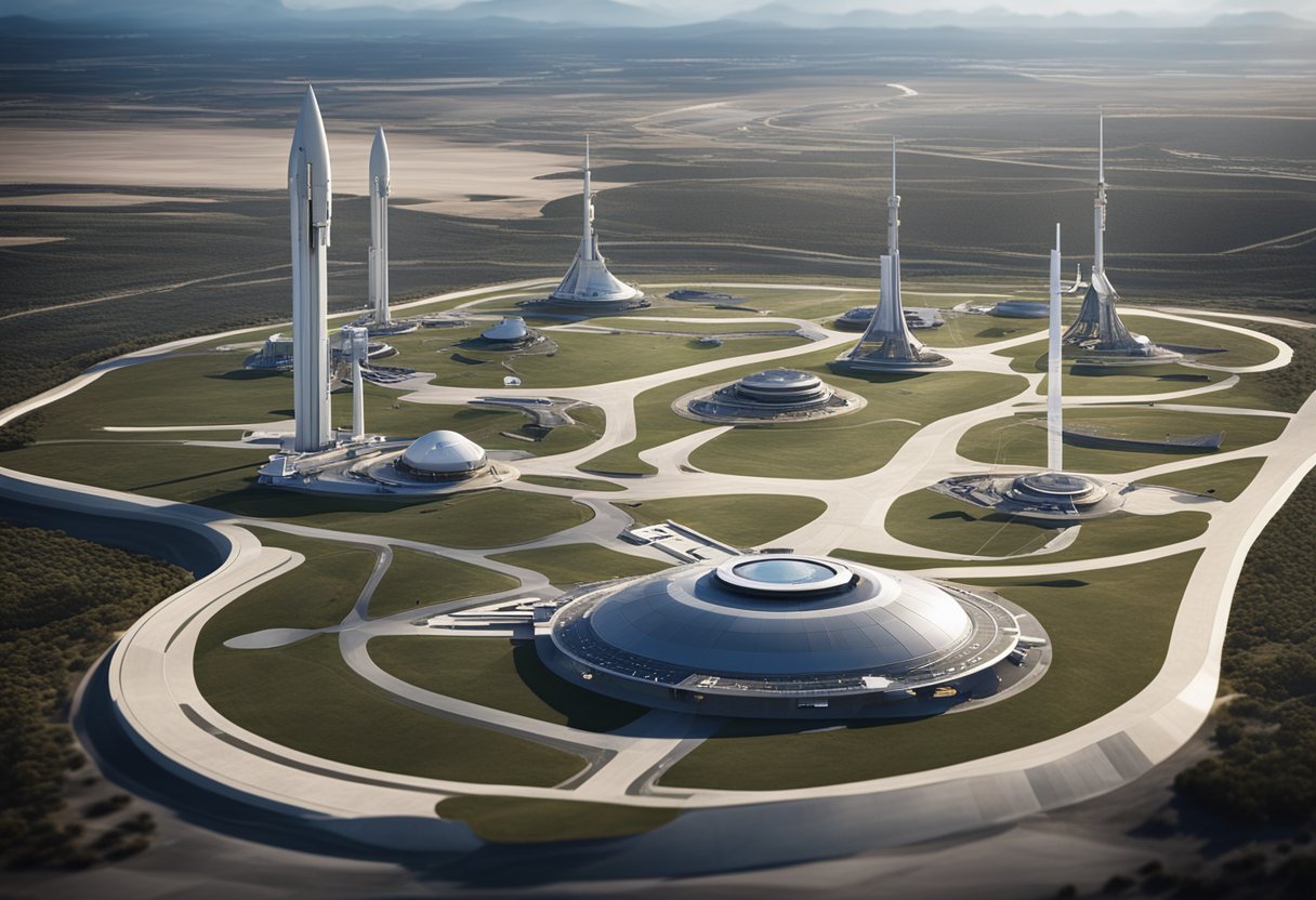 Spaceport buildings and launch pads dot the landscape, with sleek, modern designs and advanced technology integrated seamlessly into the infrastructure