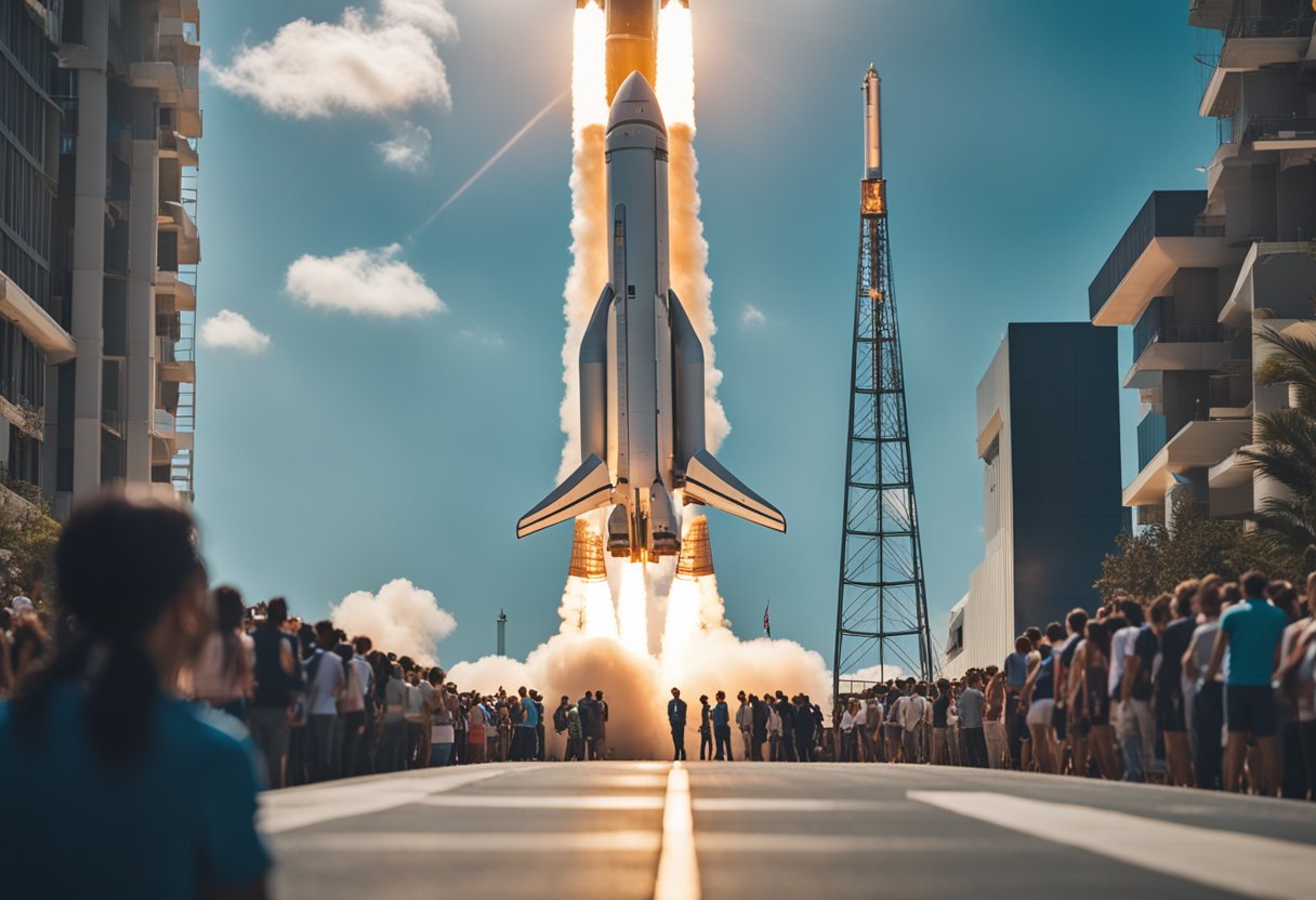 A rocket launches into space, surrounded by a bustling launch pad and a crowd of onlookers. The vehicle is sleek and modern, with advanced technology visible