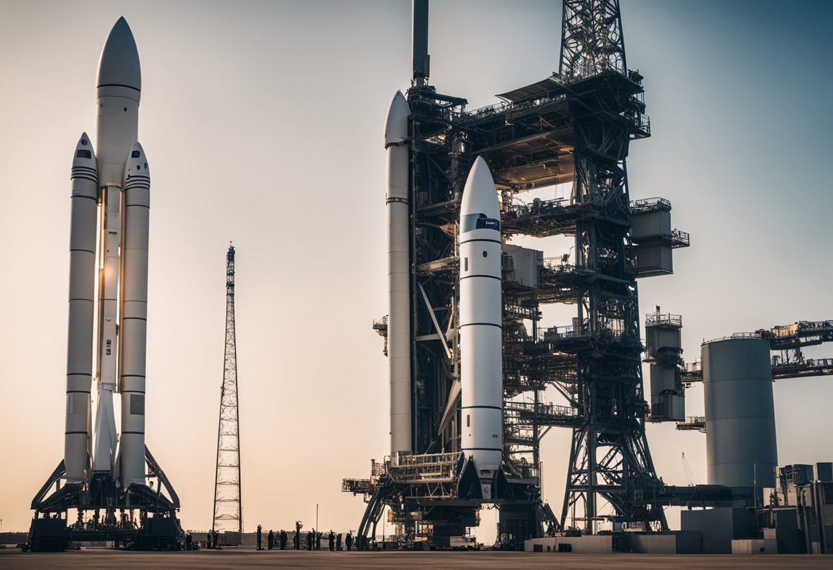 A space launch vehicle stands ready on the launch pad, surrounded by support equipment and personnel. The scene conveys the dynamic and high-tech nature of the space launch vehicle market