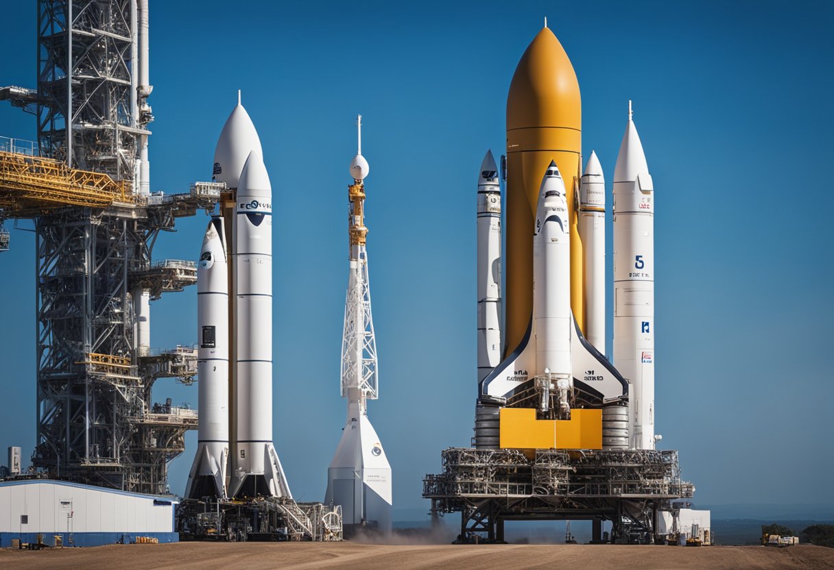 Multiple space launch vehicles stand in a row, with logos and names prominently displayed. A busy launch pad and a clear blue sky provide the backdrop