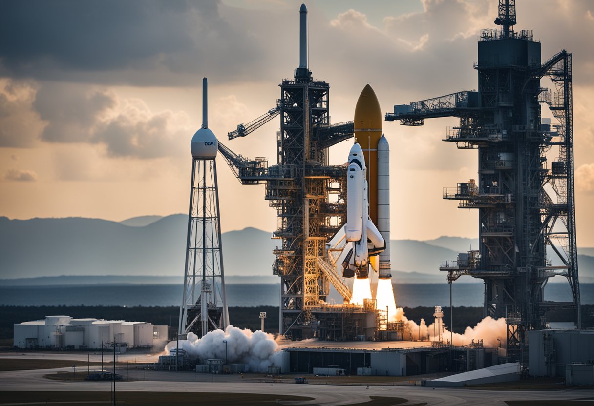 A space launch vehicle sits on a launch pad, surrounded by a bustling spaceport. Charts and graphs display market predictions and future prospects for the industry