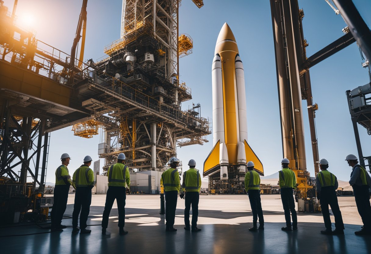 A rocket stands tall on the launch pad, surrounded by a team of engineers and technicians. The countdown begins as the engines ignite, propelling the vehicle into the vast expanse of space