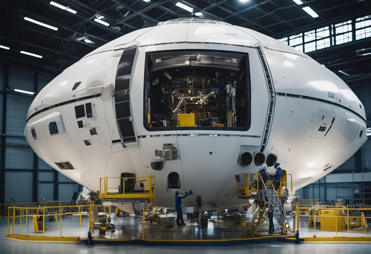 A spacecraft hovers in a large, well-lit hangar. Technicians in protective gear work on its exterior, using tools and equipment to perform maintenance and repairs