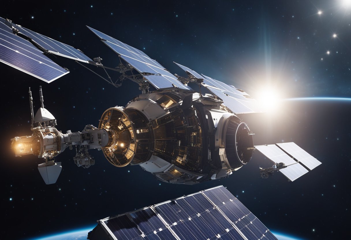 A spacecraft hovers in the darkness of space, its solar panels glinting in the sunlight as robotic arms extend to perform maintenance and repairs