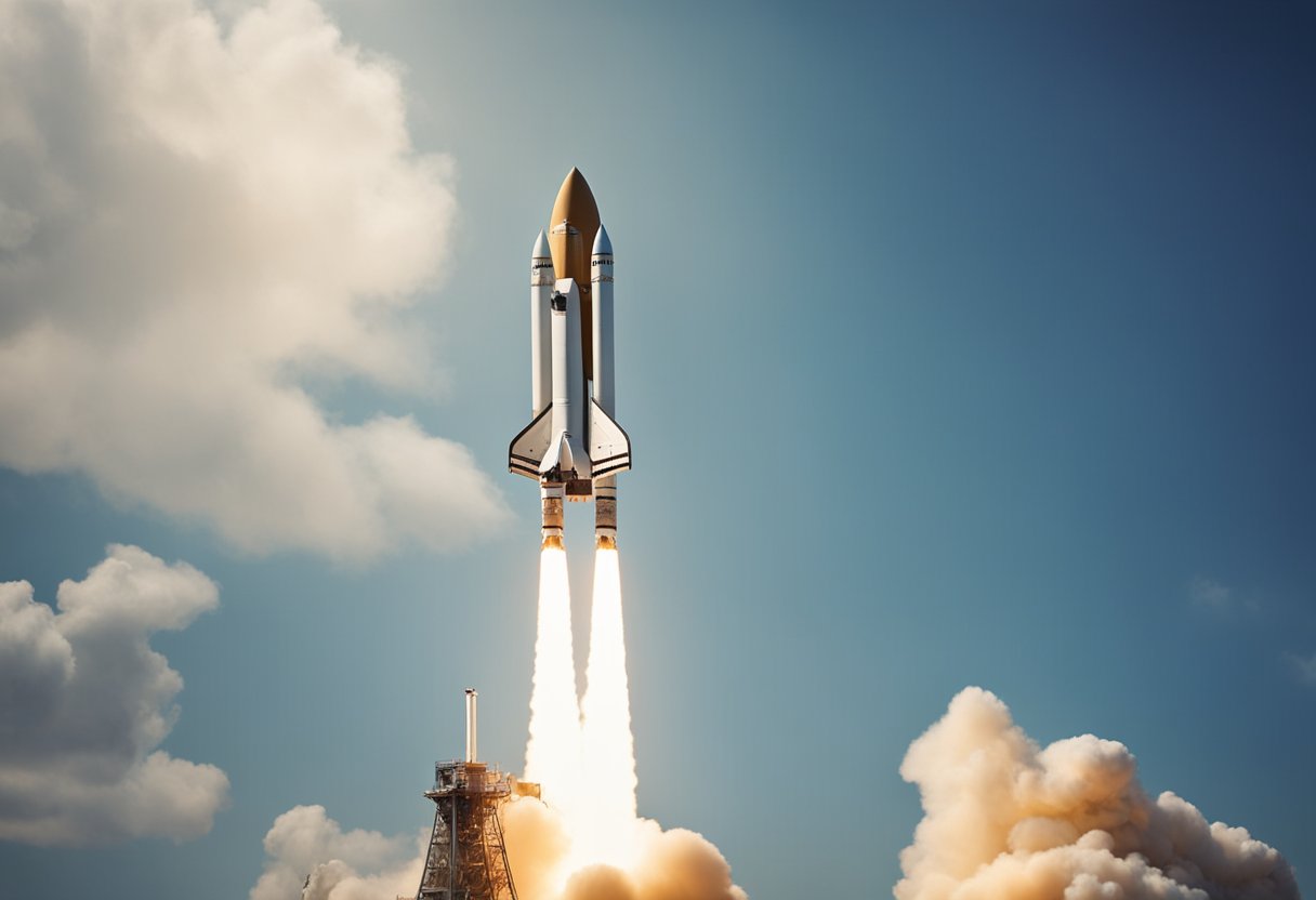 A rocket ship launches into space, with Earth visible in the background. Insurance documents and policy papers float around the ship, emphasizing the need for space tourism insurance considerations