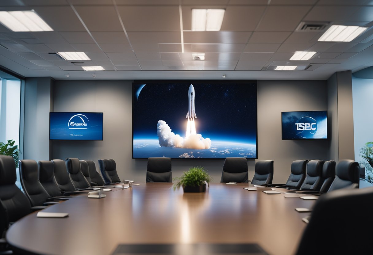 A rocket launching into space with a prominent insurance company logo displayed on the side, while a group of experts discuss space tourism insurance policies in a conference room