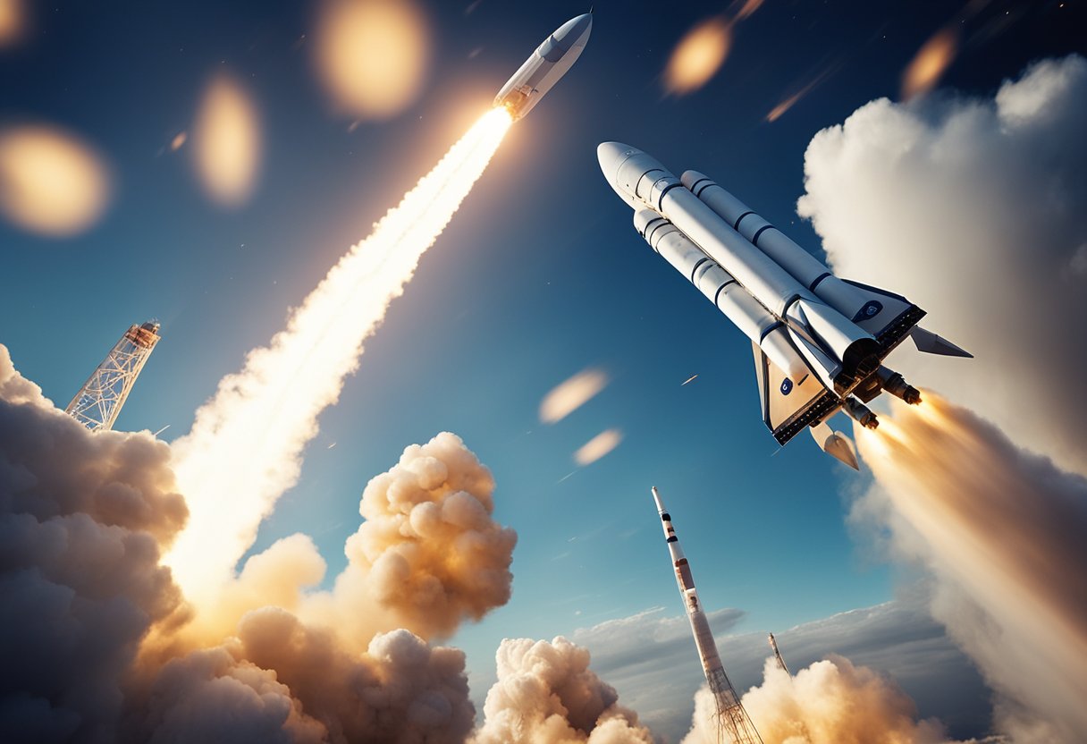 A rocket launching into space with various ancillary industries, such as insurance companies, depicted in the background, symbolizing the growing importance of space tourism insurance considerations