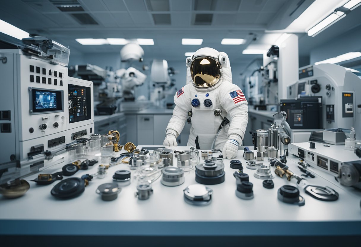 Spaceflight Participant Preparation: Astronaut gear arranged in a sterile, white room. Tools and equipment neatly organized for space mission training