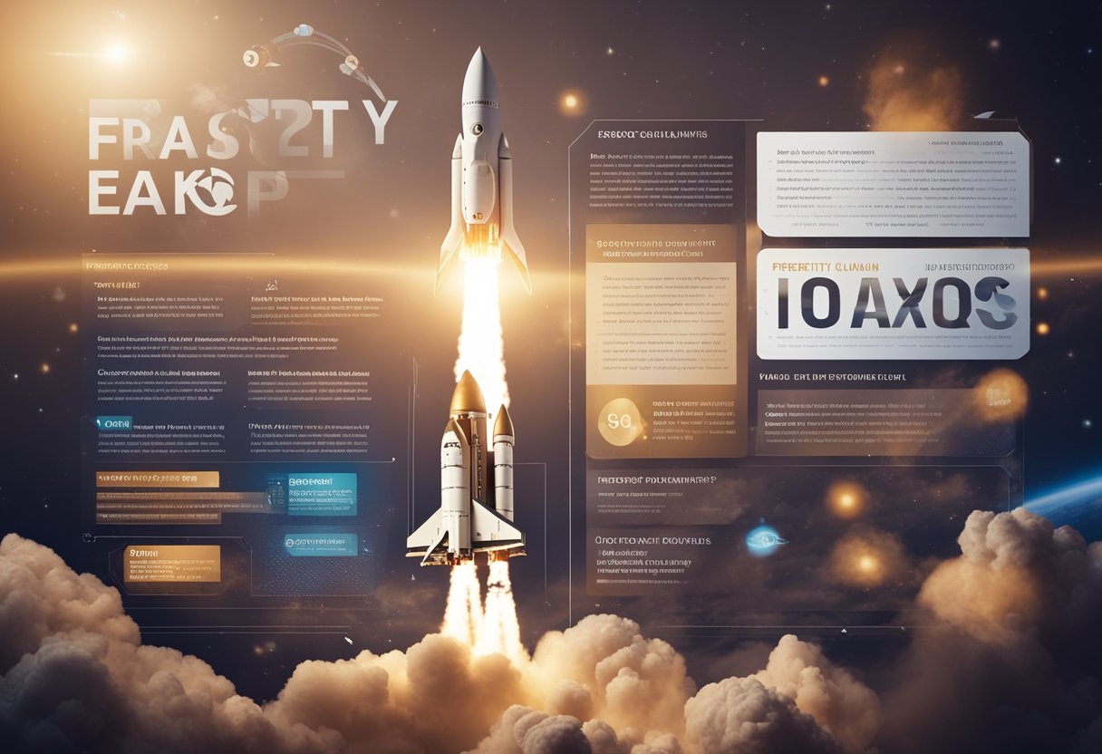 A rocket launching into space with a prominent "Frequently Asked Questions" banner, surrounded by insurance documents and a space tourism logo