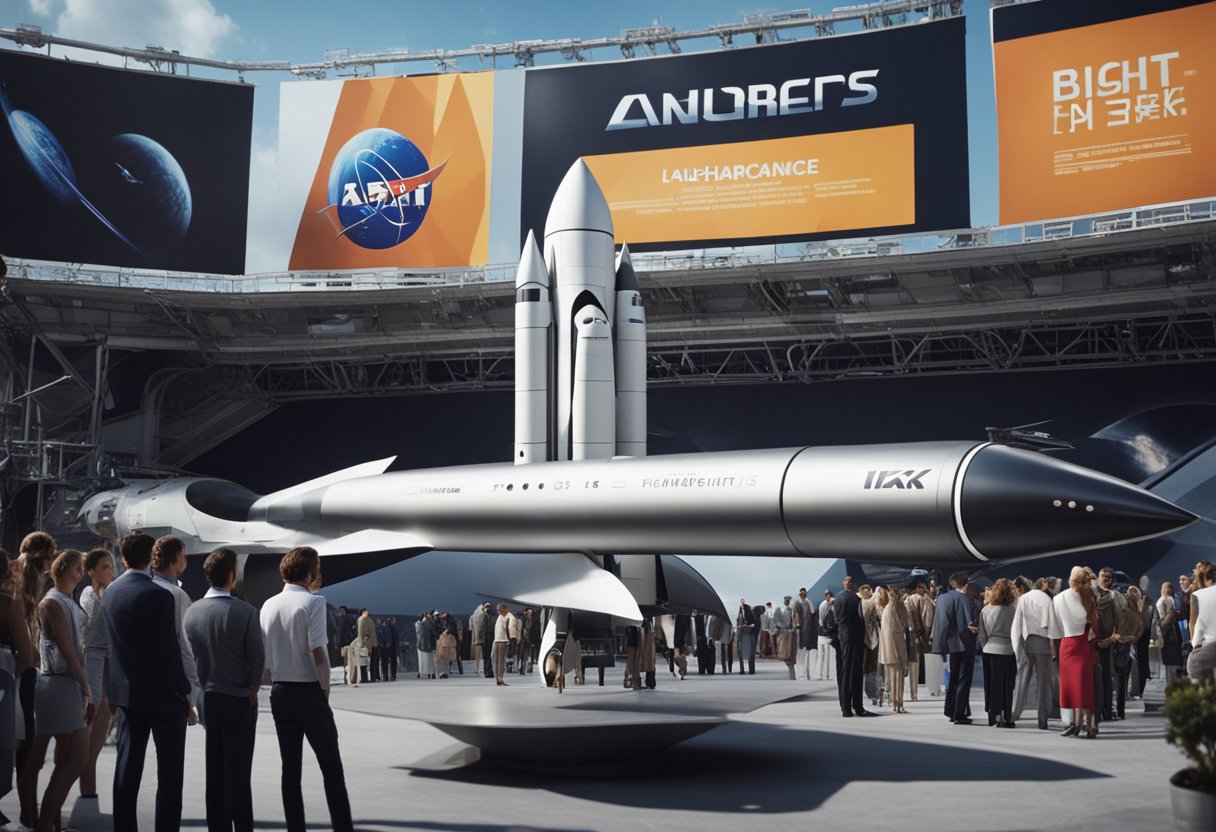 A sleek rocket sits on a launchpad, surrounded by futuristic space tourism advertisements. A crowd of spectators marvel at the sight, while insurance agents discuss risk factors in the background