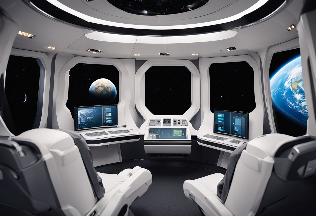 The spacecraft cabin features sleek, minimalist design with ergonomic seating, touch screen control panels, and large windows for panoramic views of outer space