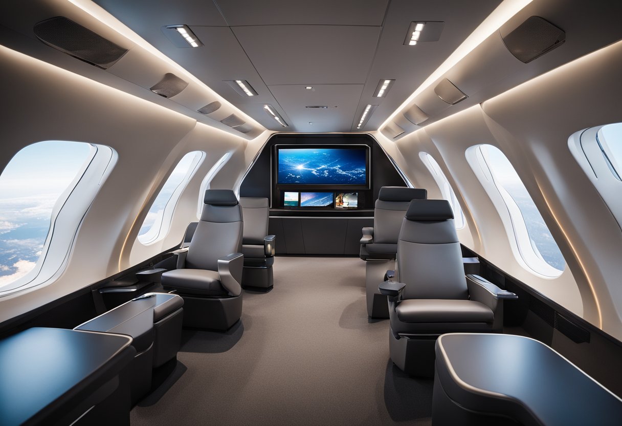 Sleek, minimalist cabin with ergonomic seating, touch-screen control panels, and large panoramic windows for immersive views of space. Advanced lighting and storage solutions optimize space for comfort and efficiency