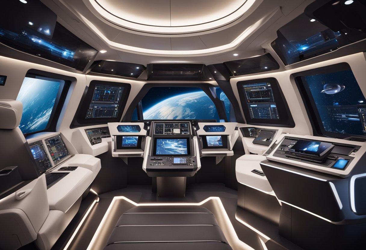 The spacecraft cabin showcases innovative materials and construction trends, with sleek, modern design and integrated technology