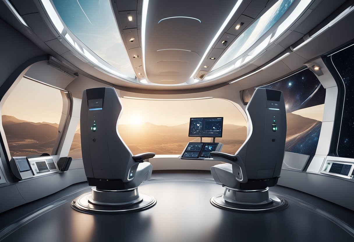 A sleek spacecraft cabin with minimalist design, incorporating curved lines and ergonomic seating. Large windows offer panoramic views of space