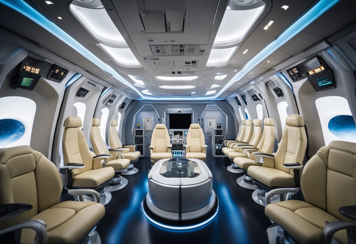 A spacecraft cabin with ergonomic seating, secure storage, and clear emergency exits. Advanced life support systems and redundant safety features are visible