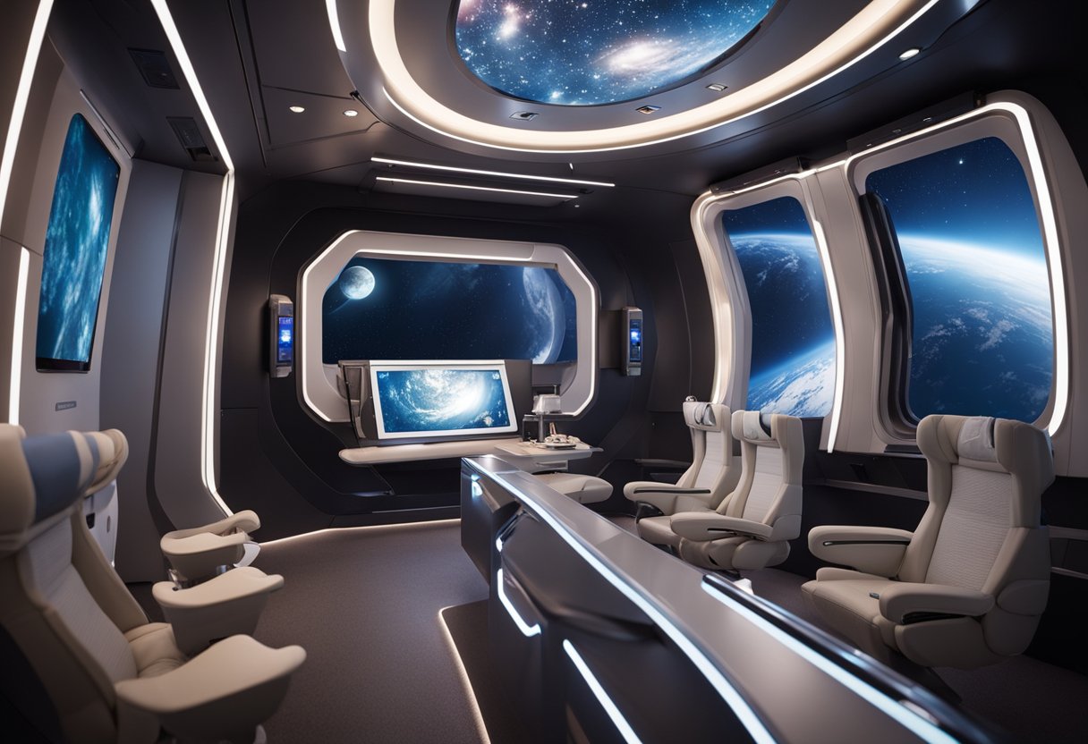 A spacious spacecraft cabin with ergonomic seating, large windows for stargazing, and interactive control panels for passenger entertainment