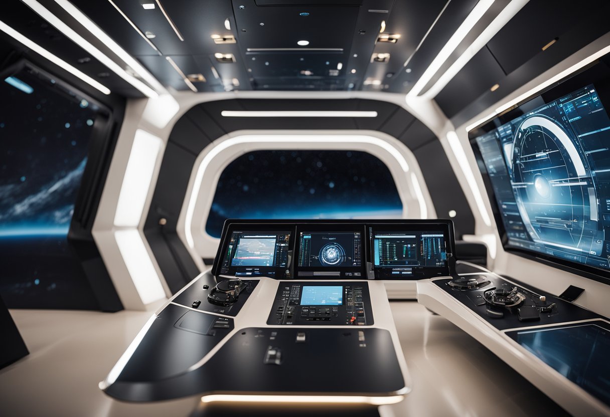 The spacecraft cabin features sleek, modern design with advanced automation systems for seamless operation
