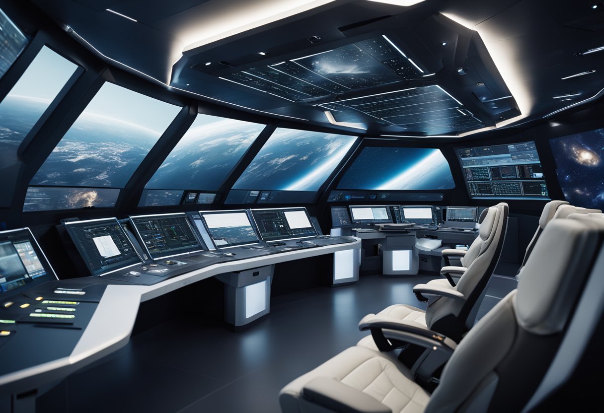 A spacecraft cabin with integrated technology, sleek design, and ergonomic seating. Multiple screens and control panels are strategically placed for easy access. Lighting is adjustable for different tasks