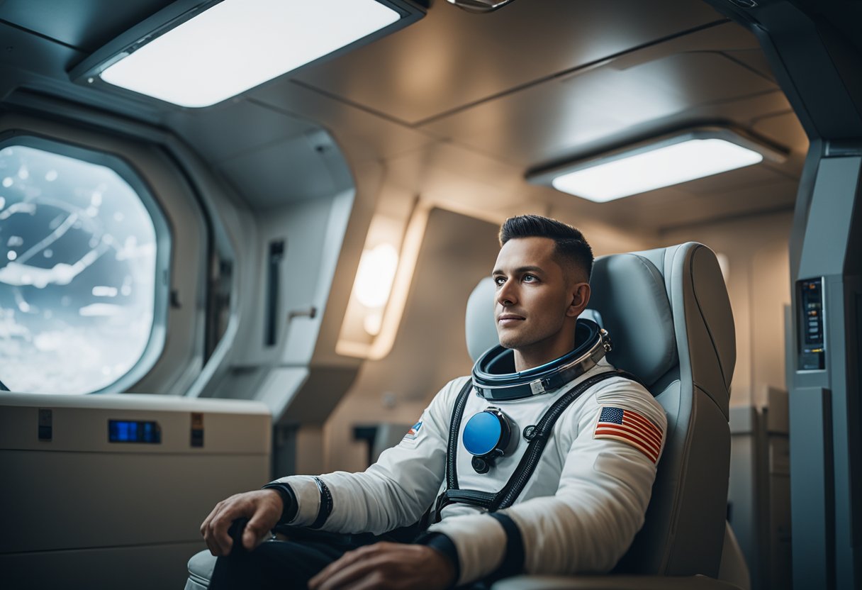 A spaceflight participant receives psychological support in a calm, organized space with soft lighting and comfortable seating