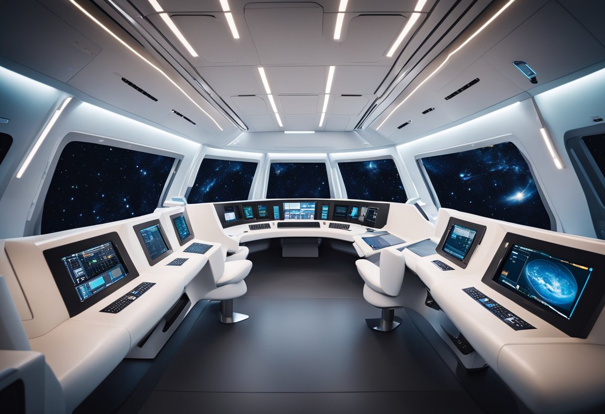 A modern spacecraft cabin with sleek, ergonomic design features and integrated technology. Comfortable seating, minimalist decor, and intuitive control panels