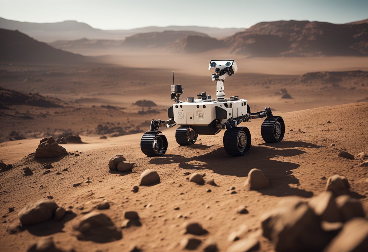 Robotic rovers traverse the desolate Martian landscape, collecting samples and transmitting data back to Earth