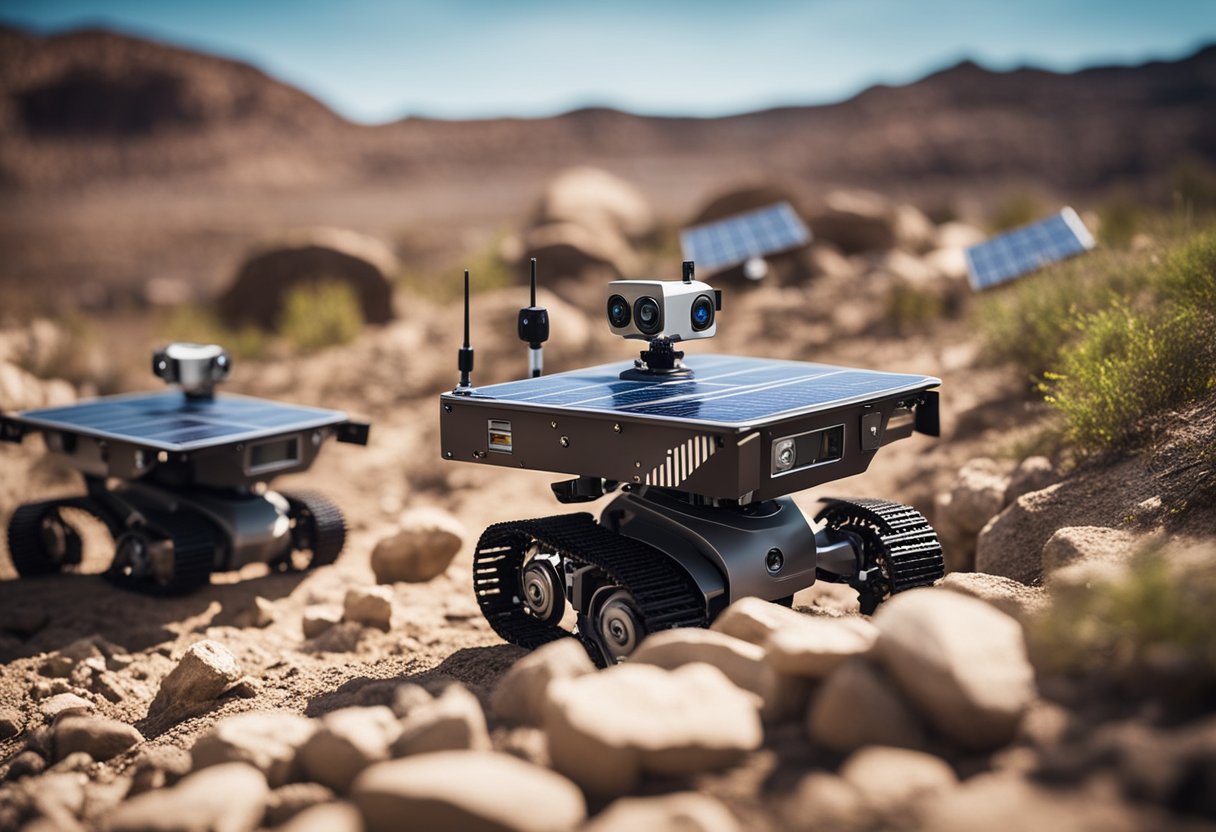 Robots navigating rocky terrain, avoiding craters and collecting samples. Solar panels powering their movements as they face extreme temperatures and radiation