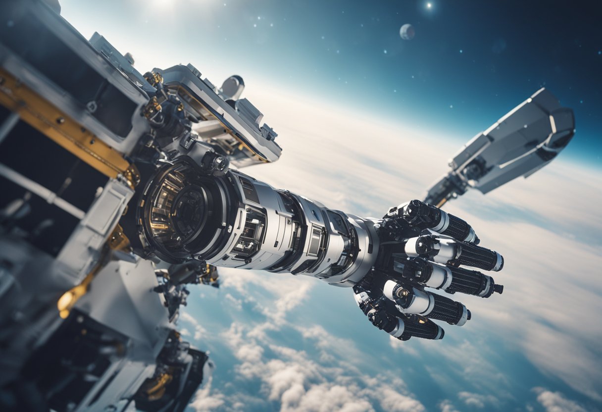 A robotic arm extends from a spacecraft, maneuvering tools and equipment in the weightless environment of space