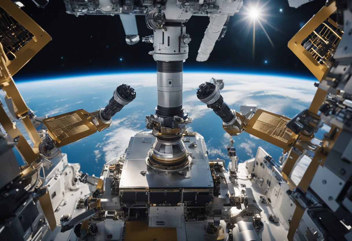 A robotic arm extends from a spacecraft, manipulating tools and equipment in the weightless environment of space