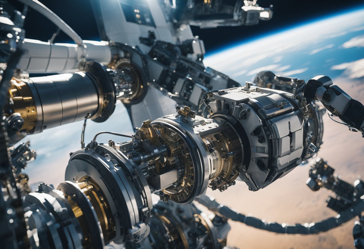 A robotic arm extends from a space station, manipulating tools and equipment in the weightless environment of outer space