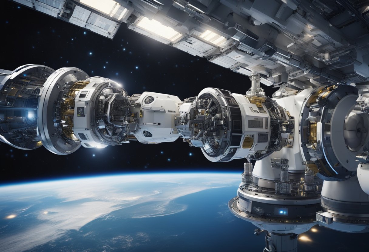 A robotic arm extends from a space station, manipulating tools and equipment with precision. The vastness of space stretches out in the background, highlighting the autonomy and capability of future space robots
