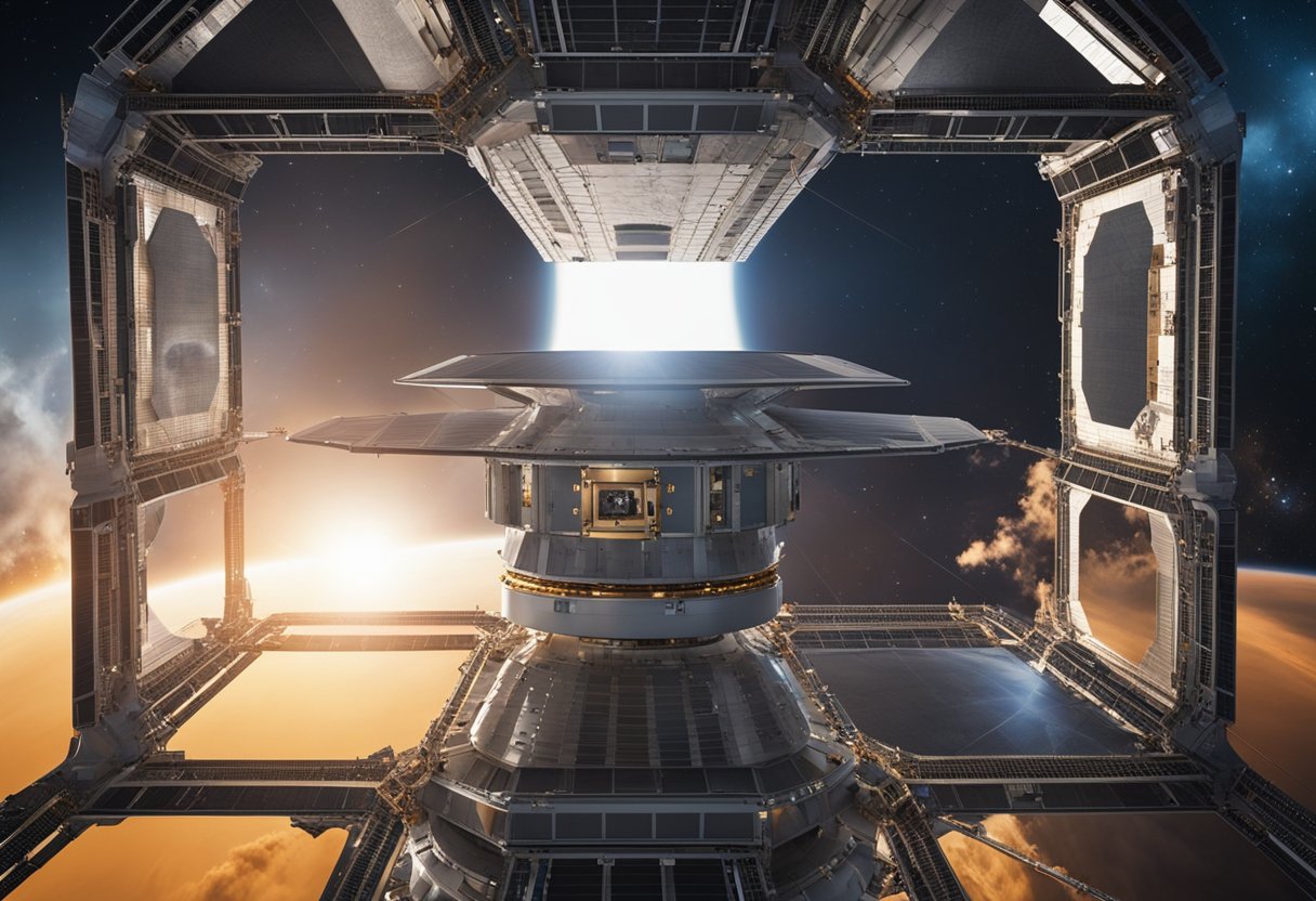A spacecraft's thermal protection system shields it from intense heat during re-entry into Earth's atmosphere. Multiple layers of ablative materials and insulating tiles cover the exterior, dissipating and reflecting heat away from the spacecraft