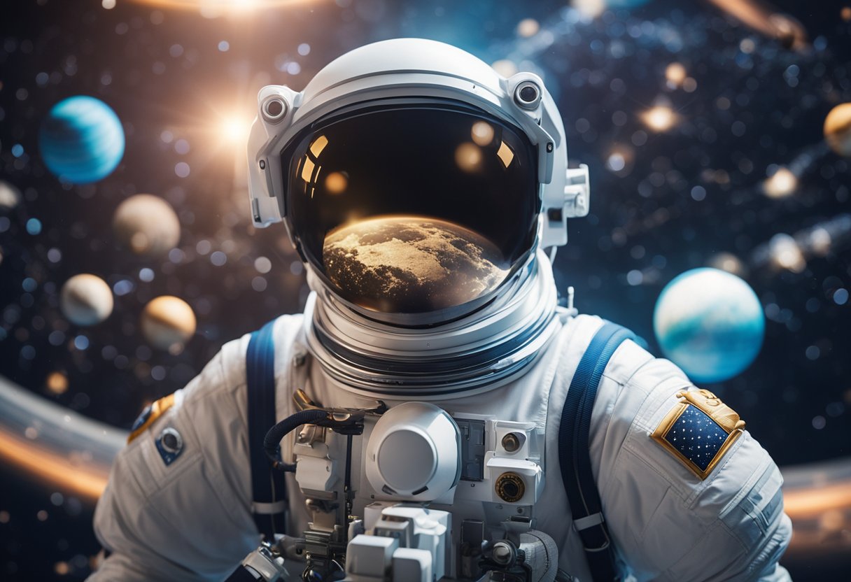 A floating astronaut explores a virtual reality simulation of outer space, surrounded by planets, stars, and educational data