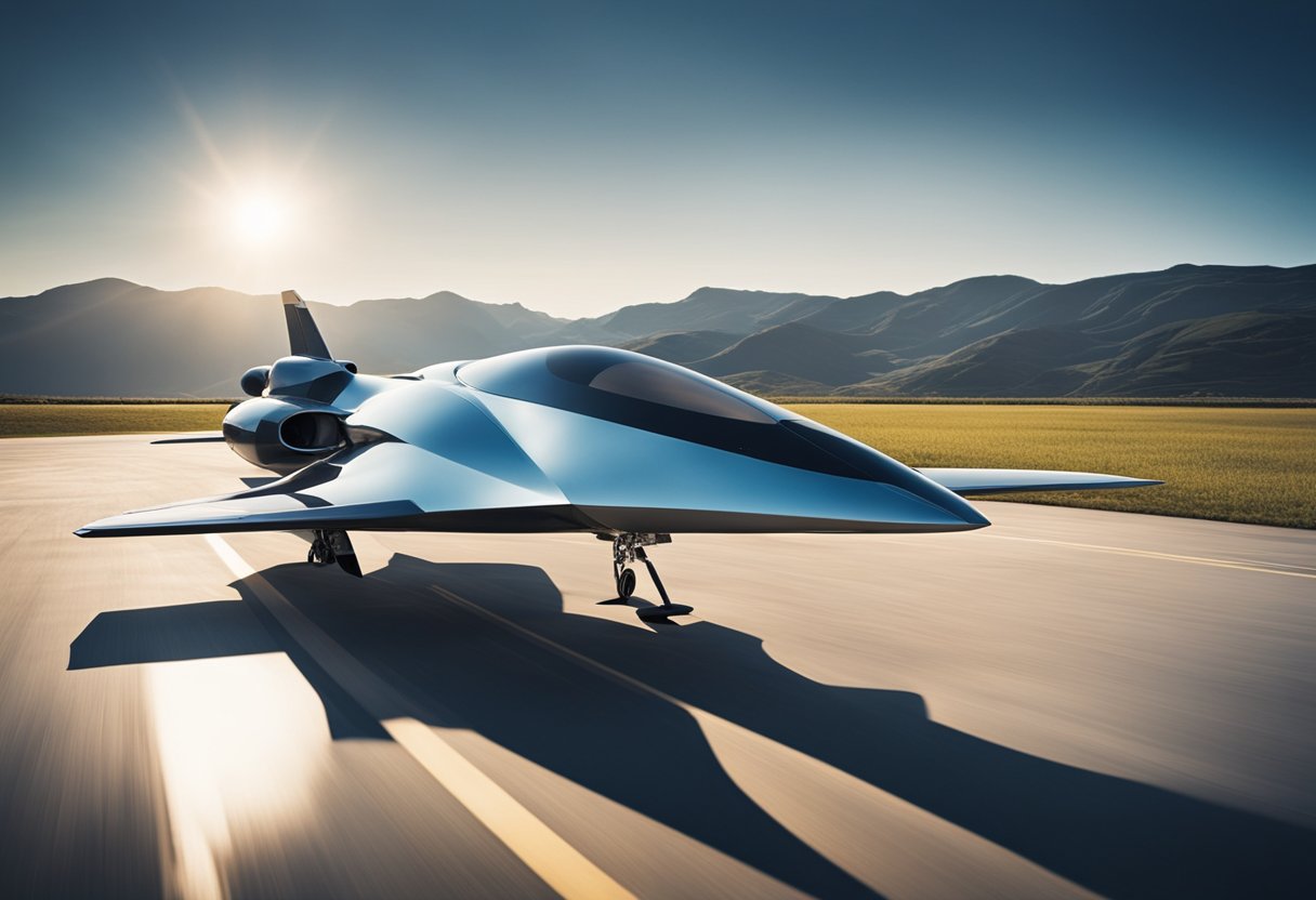 A sleek, futuristic aircraft coated in advanced materials, gleaming under the sunlight. A protective finish gives it a glossy, smooth surface, while innovative materials provide strength and durability