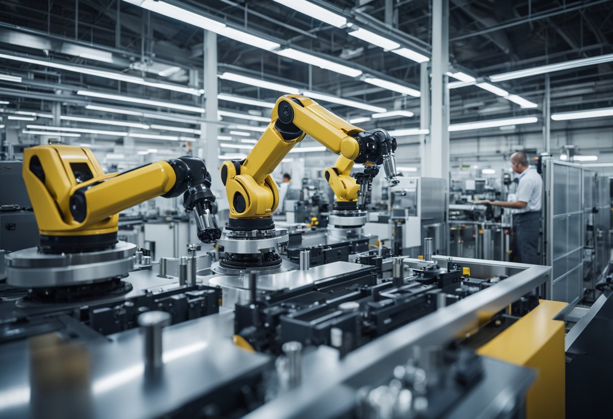 Robotic arms assemble aerospace materials in a high-tech manufacturing facility. Automated processes innovate production