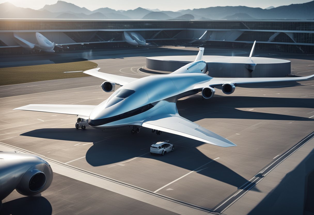 A futuristic aerospace facility with sleek, metallic structures and advanced aircraft taking off and landing on high-tech runways