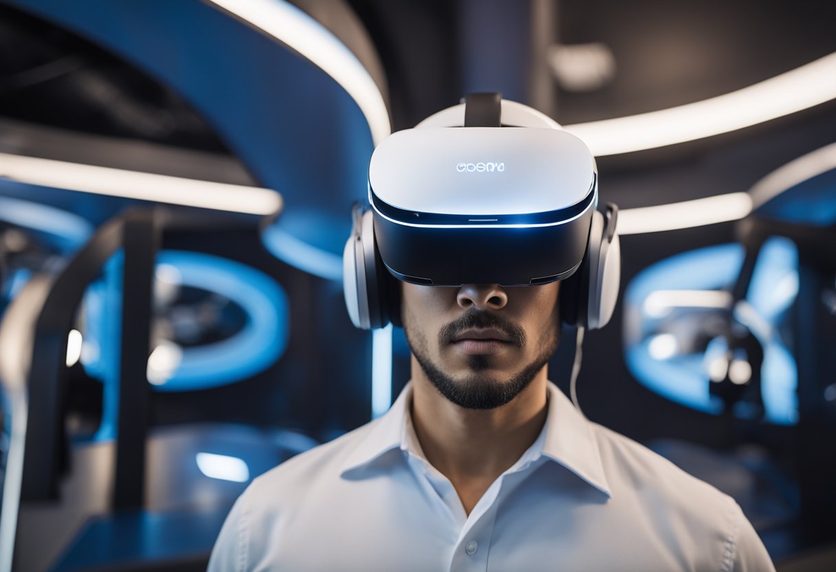 A futuristic training facility with virtual reality simulators, meditation pods, and stress management workshops