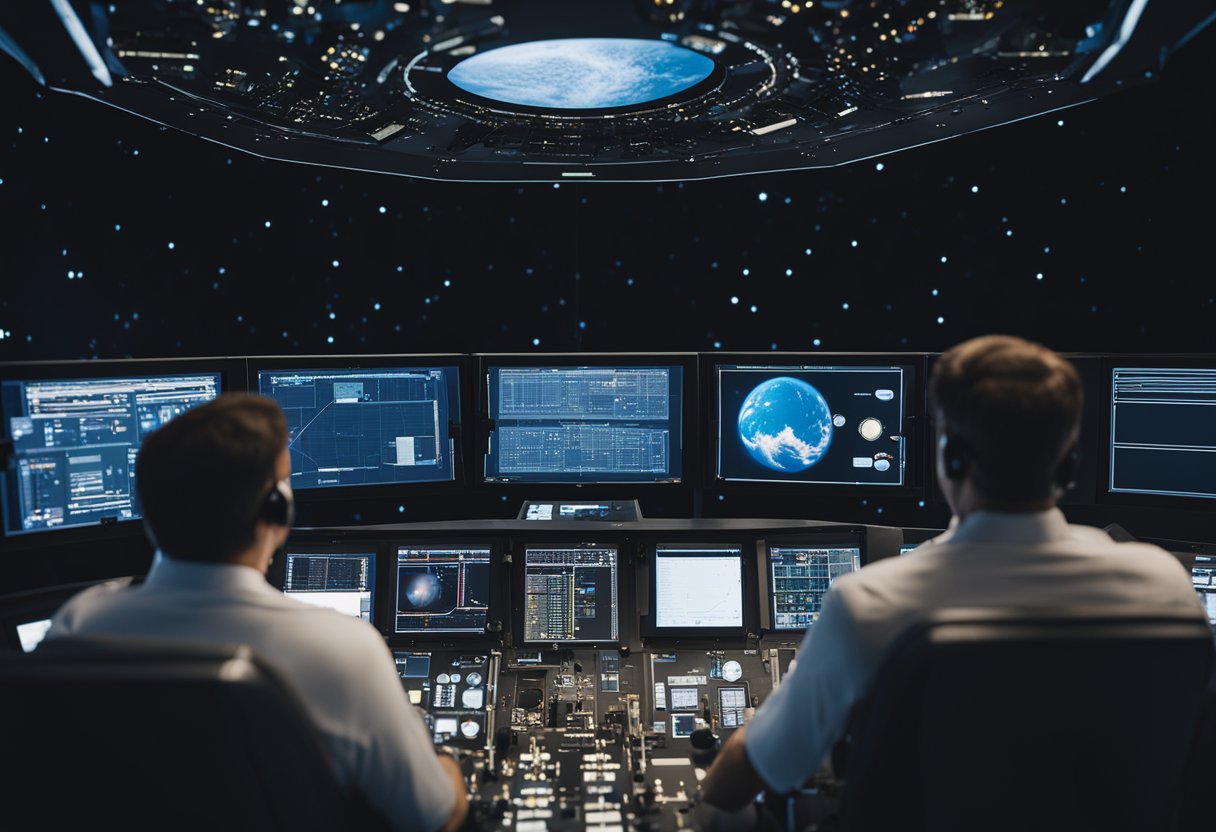 A spacecraft simulator with a pilot in training, surrounded by control panels and screens, floating above Earth's atmosphere