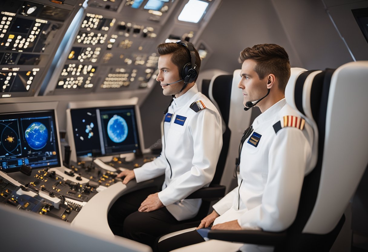 A space tourism pilot training facility with simulators and instructors guiding trainees through various flight scenarios
