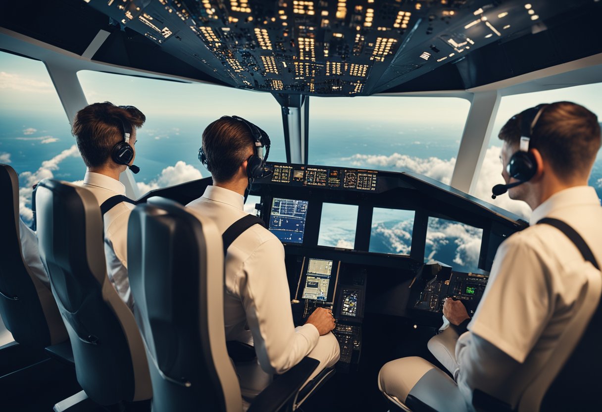 A group of pilots undergo rigorous training in a state-of-the-art simulator, preparing for the economic and market aspects of space tourism