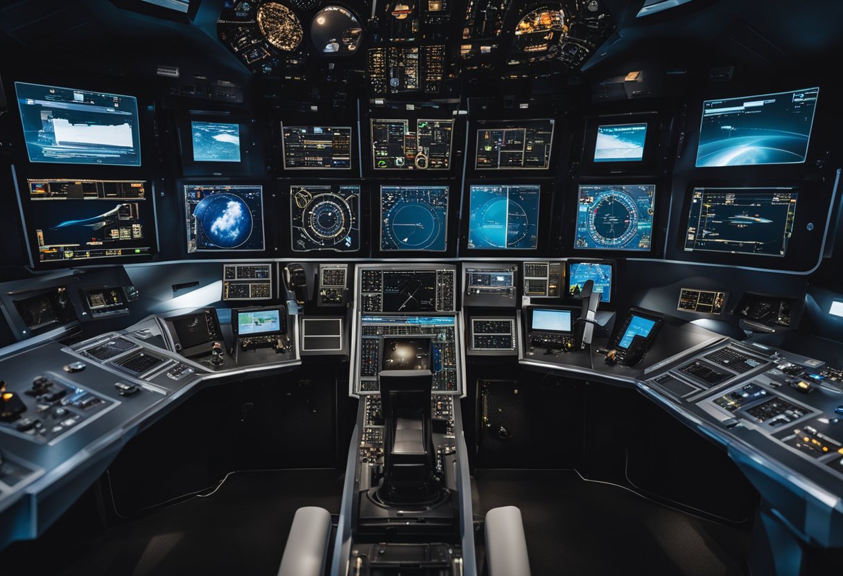 A spacecraft cockpit with advanced controls and monitors, simulating the training environment for space tourist pilots